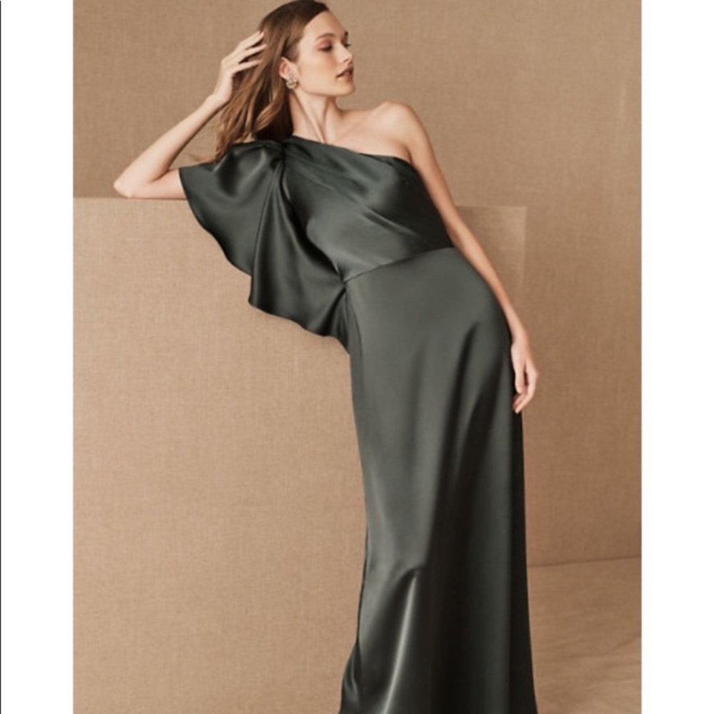 BHLDN One-Shoulder Satin Gown in Olive Green